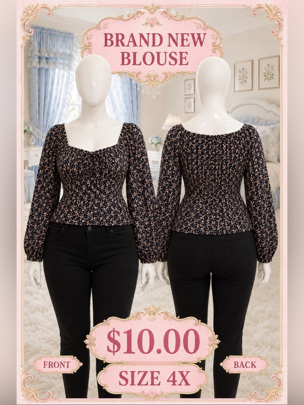 Floral Square-Neck Smocked Peasant Top - Black Floral 4X